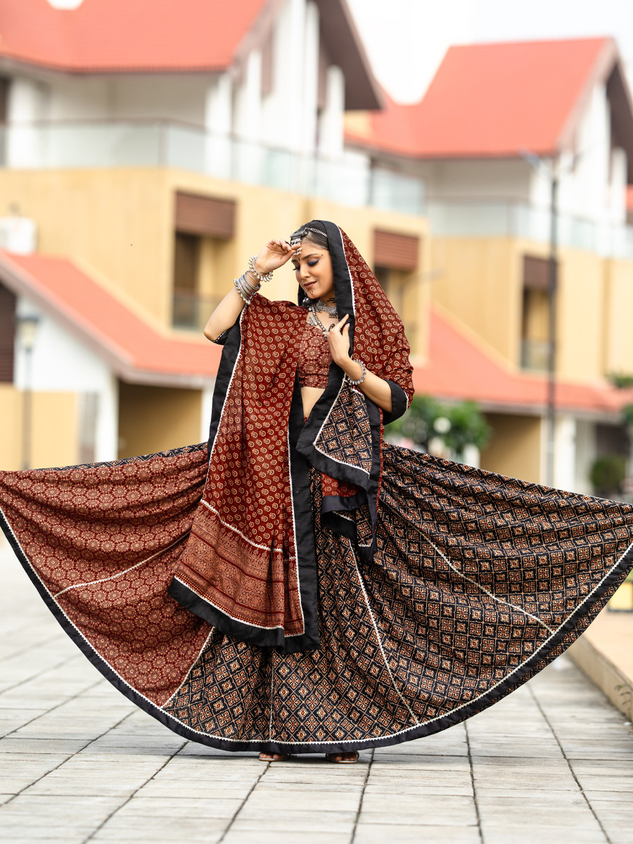 Brown Pure Cotton Printed Festival Festival Circular Lehenga Choli