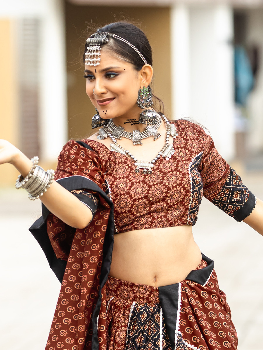 Brown Pure Cotton Printed Festival Festival Circular Lehenga Choli