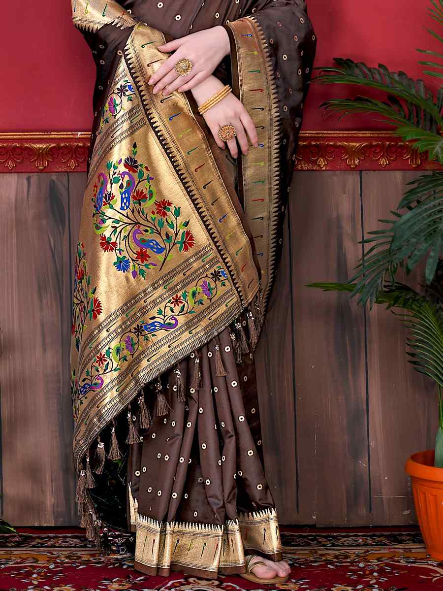 Brown Pure Lichi Silk Handwoven Wedding Festival Heavy Border Saree