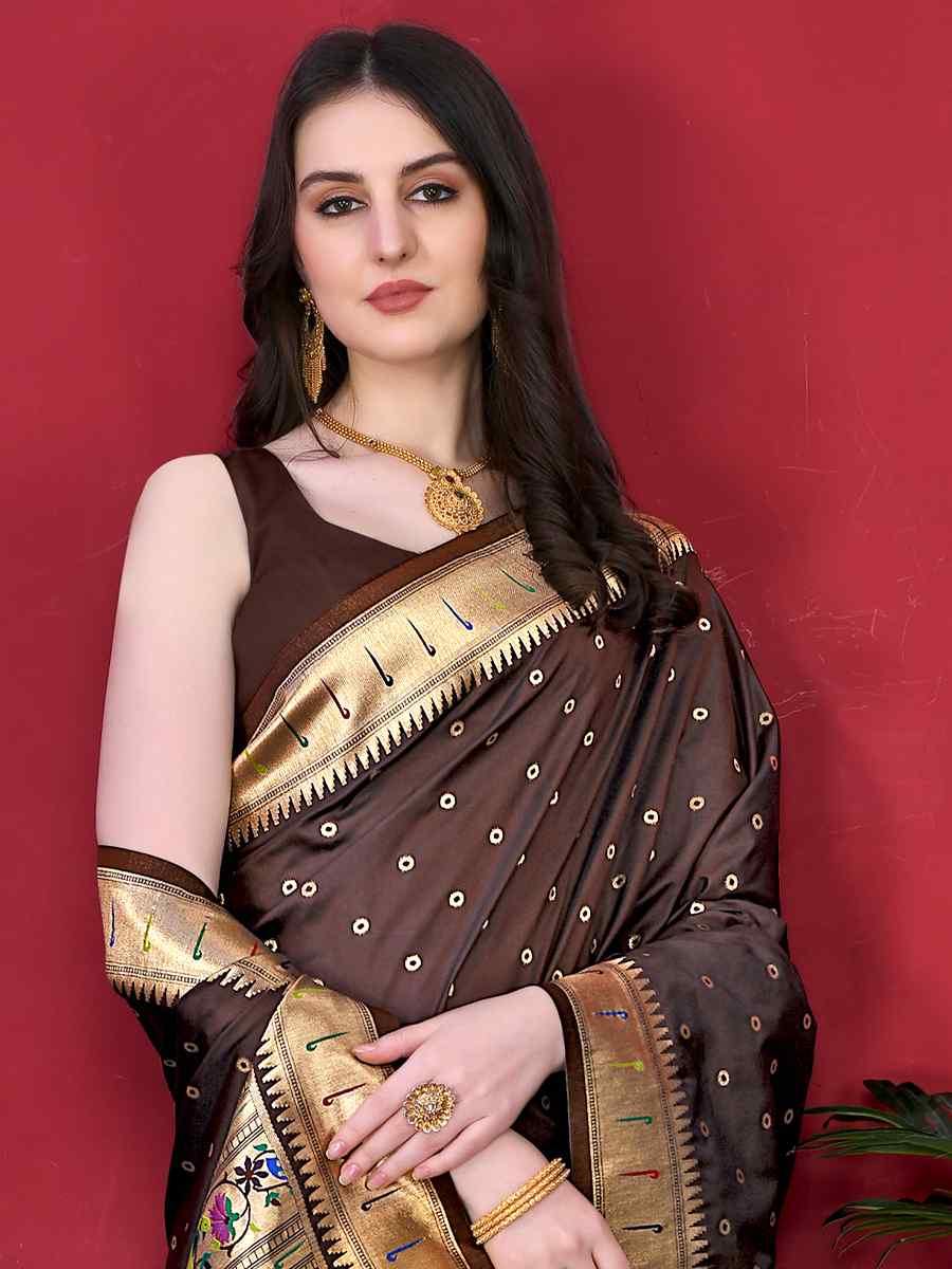 Brown Pure Lichi Silk Handwoven Wedding Festival Heavy Border Saree