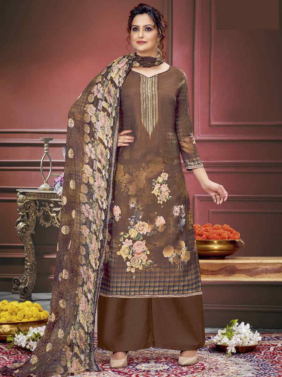 Brown Pure Maslin Printed Casual Festival Palazzo Pant Salwar Kameez