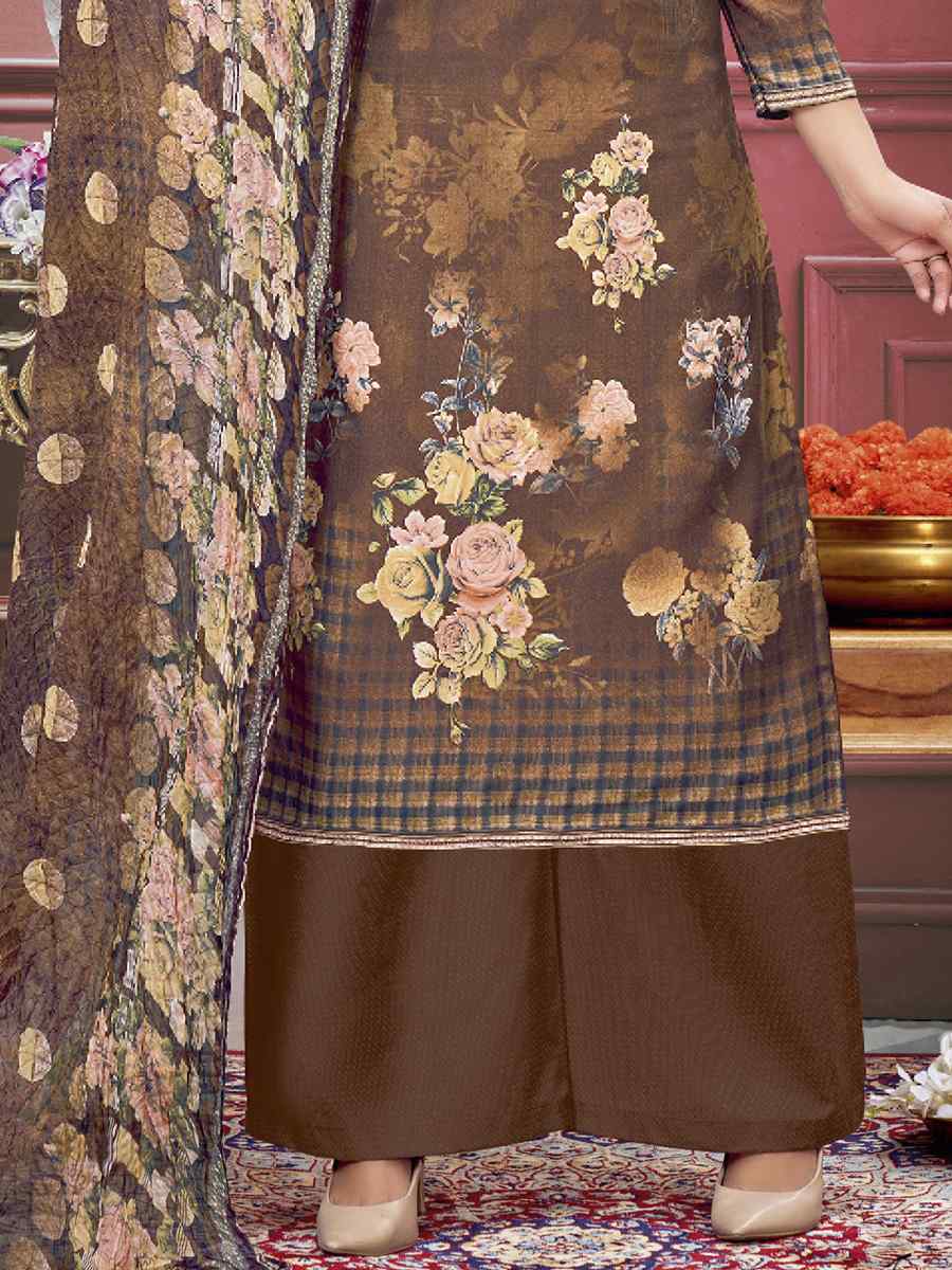 Brown Pure Maslin Printed Casual Festival Palazzo Pant Salwar Kameez