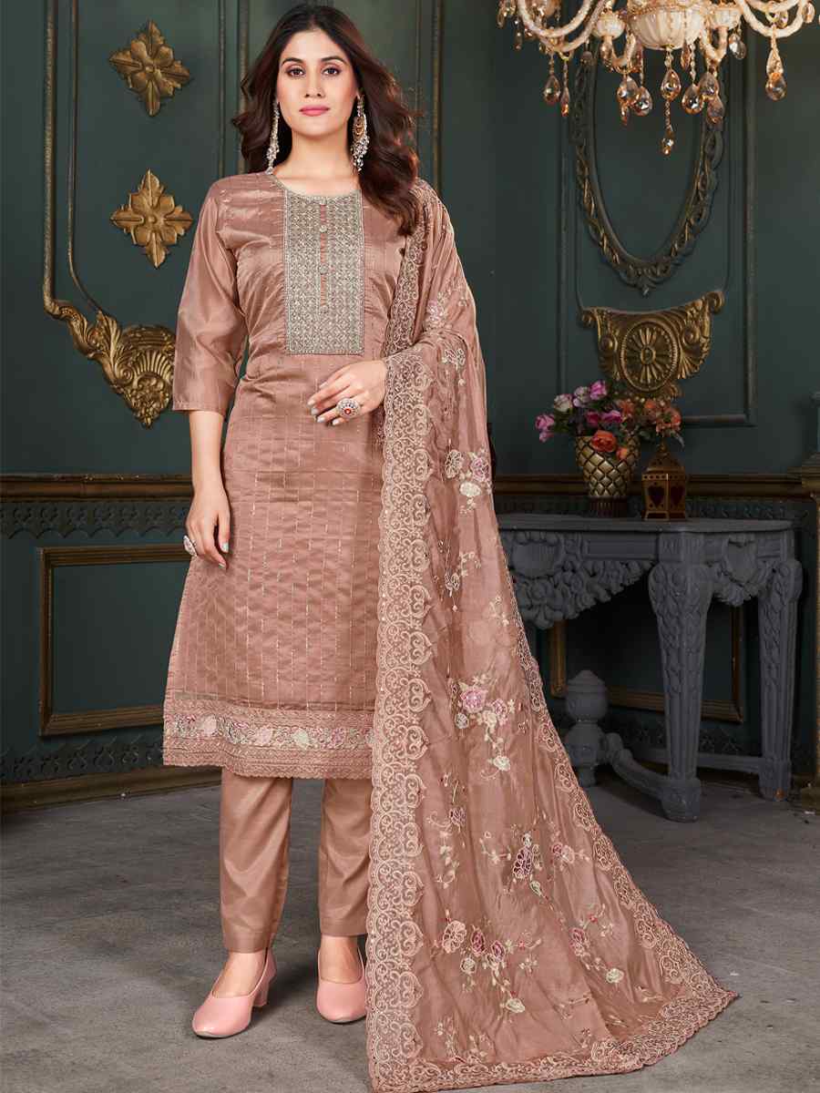 Brown Pure Organza Embroidered Wedding Festival Pant Salwar Kameez