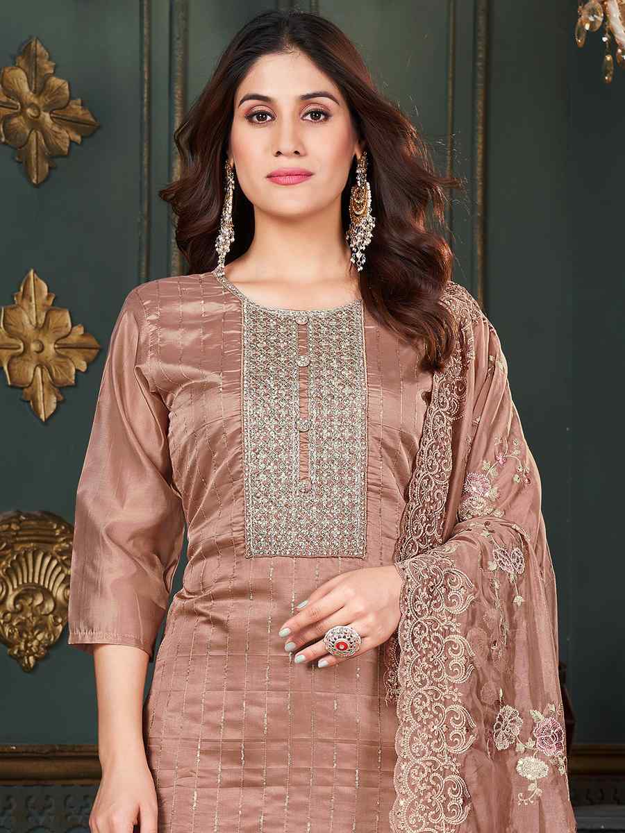 Brown Pure Organza Embroidered Wedding Festival Pant Salwar Kameez