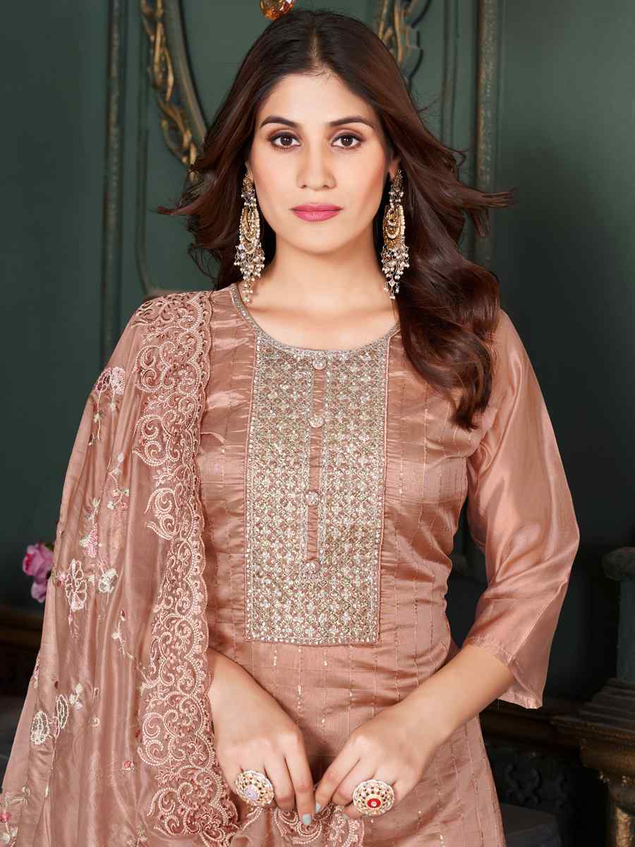 Brown Pure Organza Embroidered Wedding Festival Pant Salwar Kameez