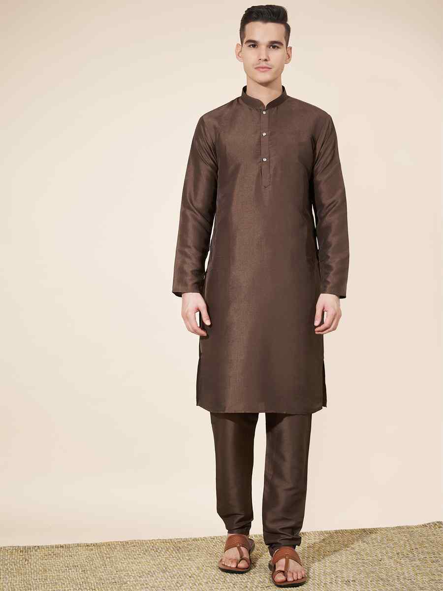 Brown Pure Silk Plain Festival Casual Kurta