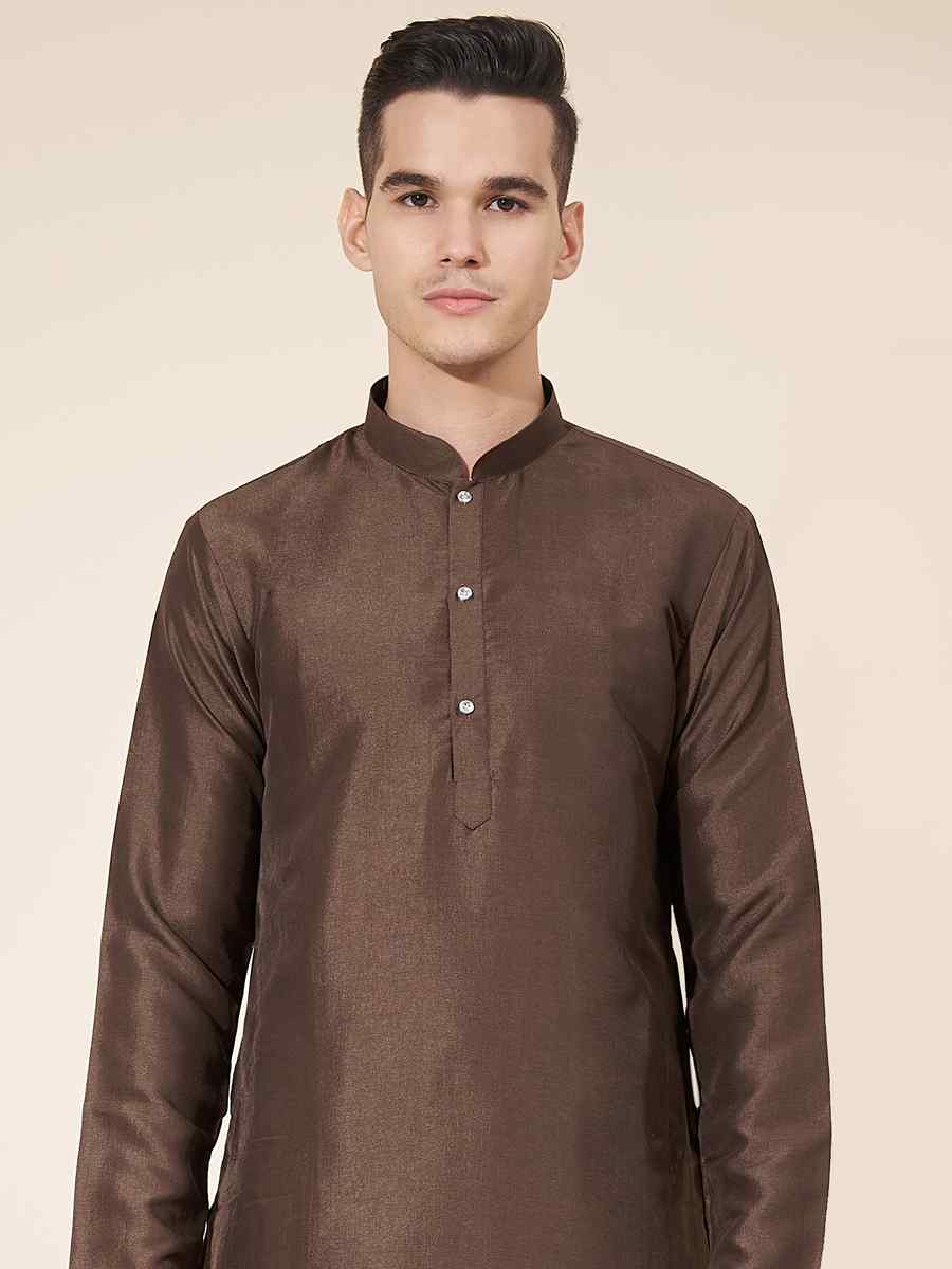 Brown Pure Silk Plain Festival Casual Kurta