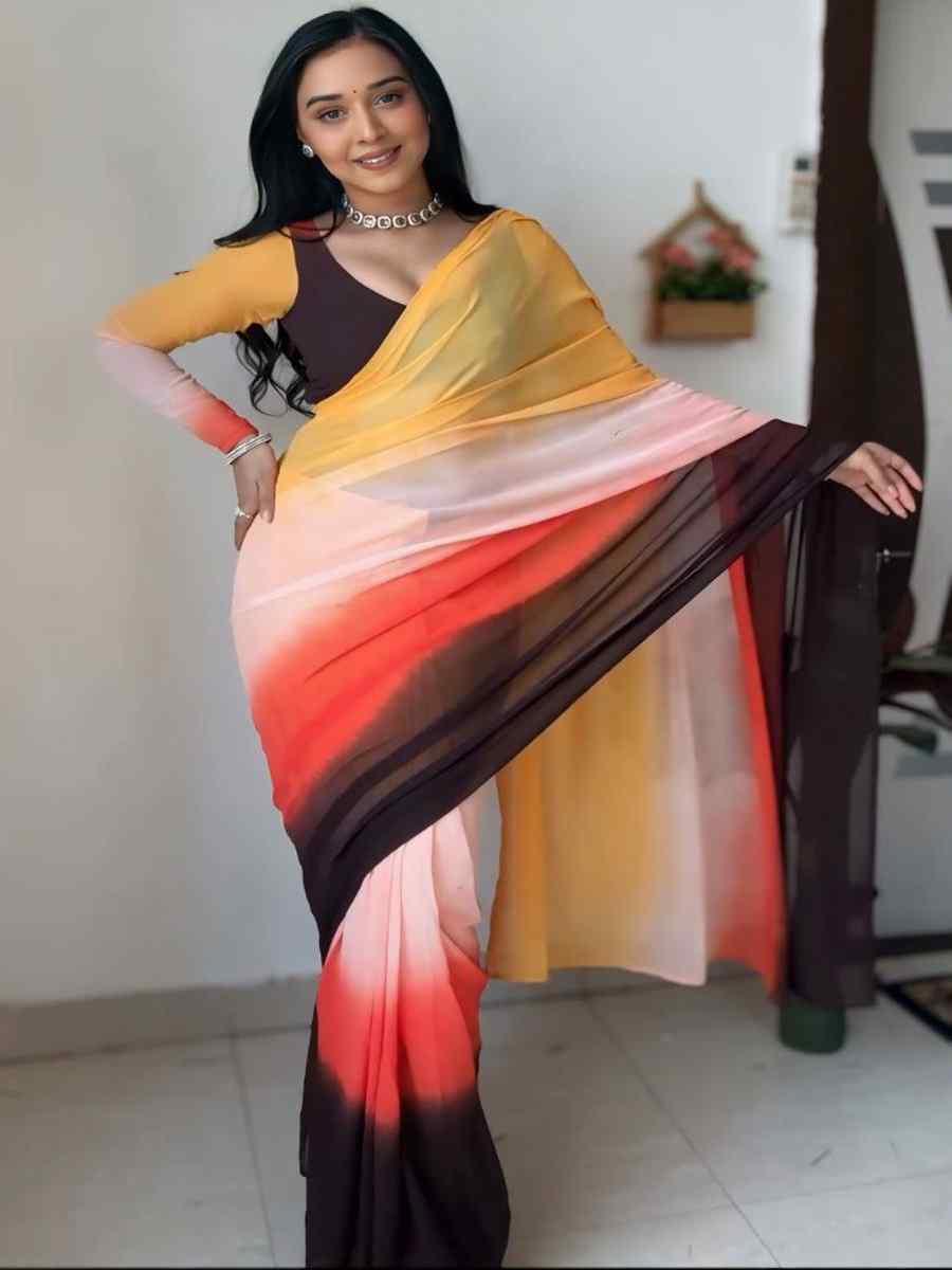 Brown Pure Soft Georgette Silk Printed Festival Casual Contemporary Saree