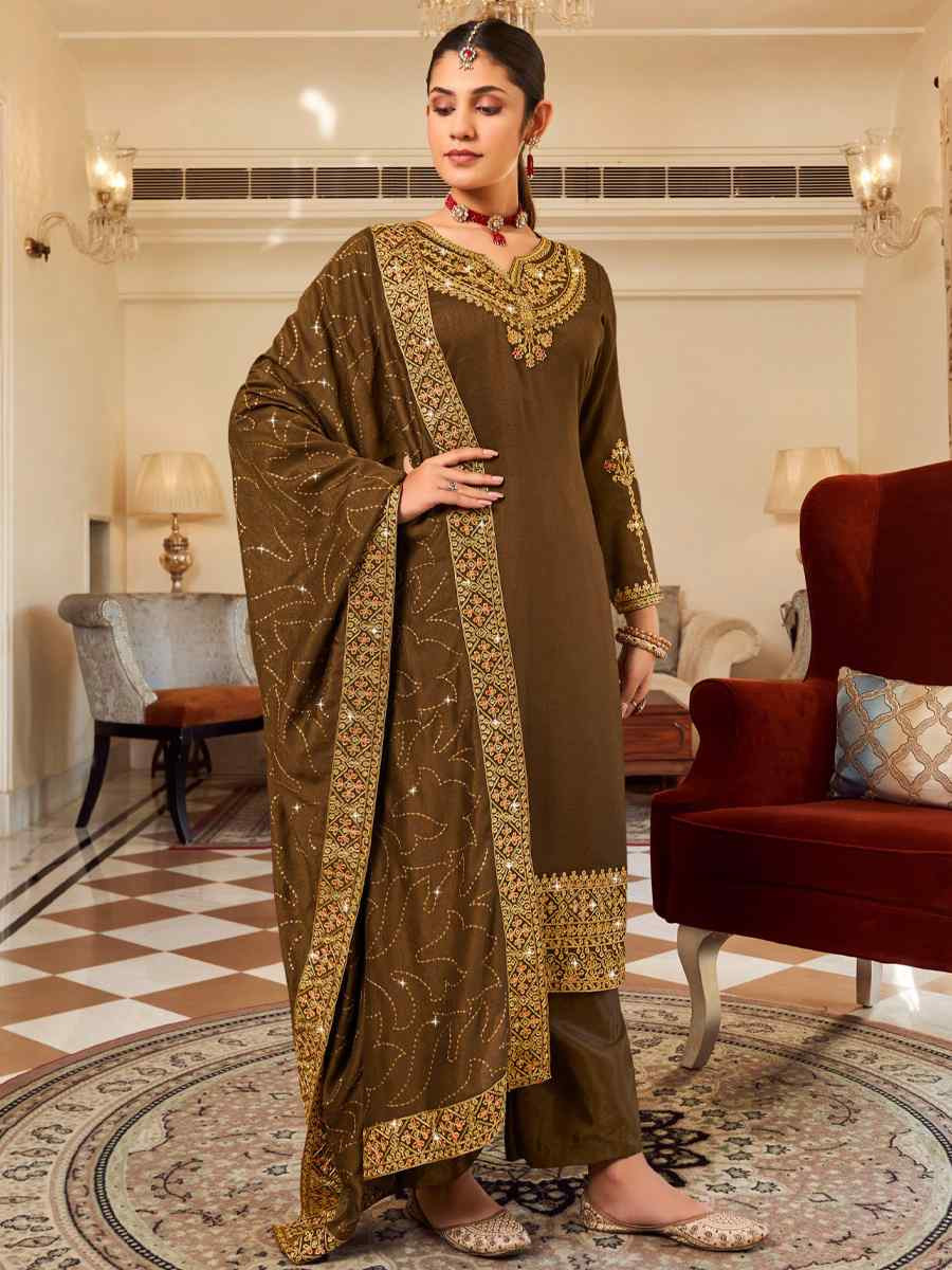 Brown Pure Vichitra Embroidered Festival Wedding Pant Salwar Kameez