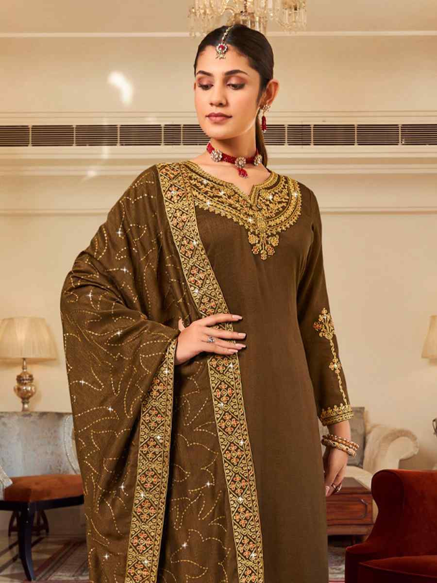 Brown Pure Vichitra Embroidered Festival Wedding Pant Salwar Kameez