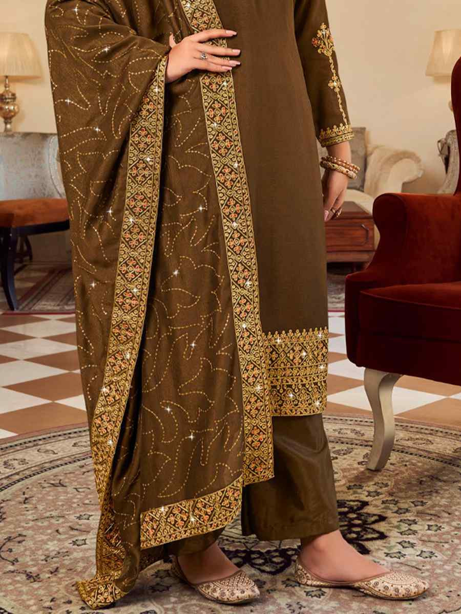 Brown Pure Vichitra Embroidered Festival Wedding Pant Salwar Kameez