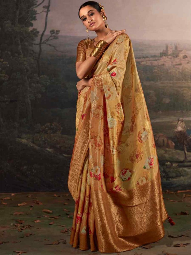Brown Pure Zari Linen Handwoven Casual Festival Classic Style Saree