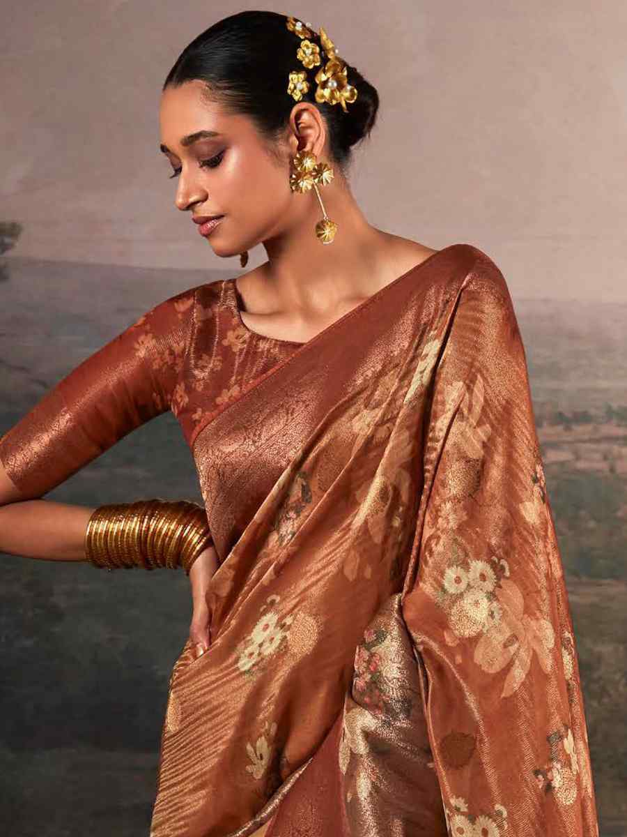 Brown Pure Zari Linen Handwoven Casual Festival Classic Style Saree