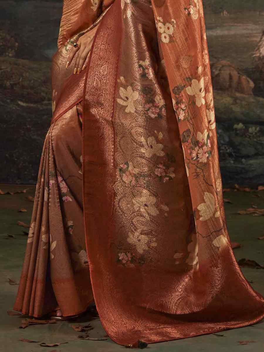 Brown Pure Zari Linen Handwoven Casual Festival Classic Style Saree