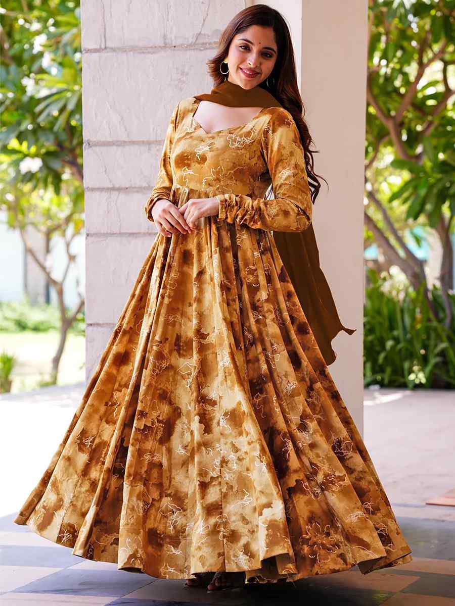 Brown Rayon Printed Festival Mehendi Gown