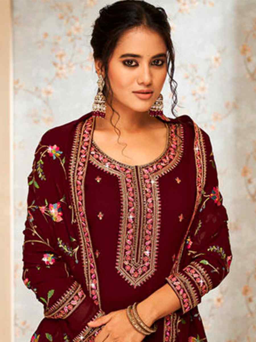 Brown Real Georgette Embroidered Festival Mehendi Pant Salwar Kameez