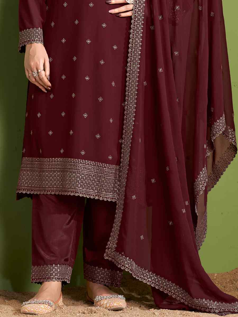 Brown Real Heavy Georgette Embroidered Festival Casual Pant Salwar Kameez