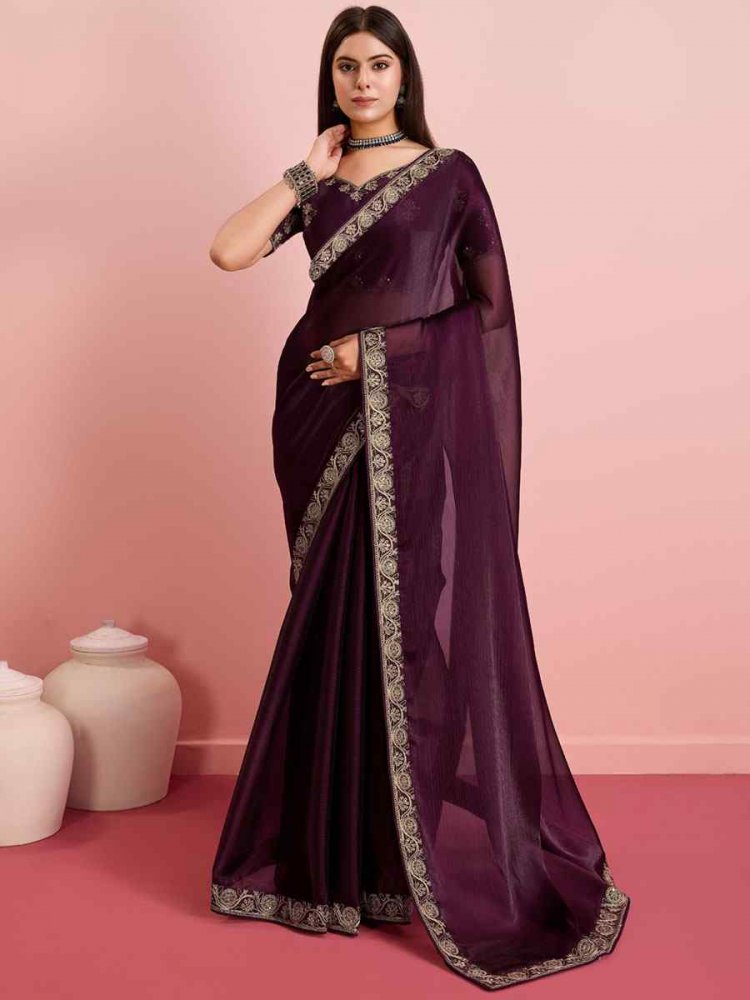 Brown Soft Burberry Embroidered Party Festival Classic Style Saree