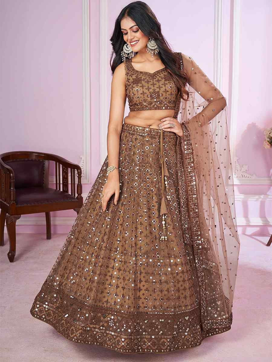 Brown Soft Net Embroidered Festival Wedding Heavy Border Lehenga Choli