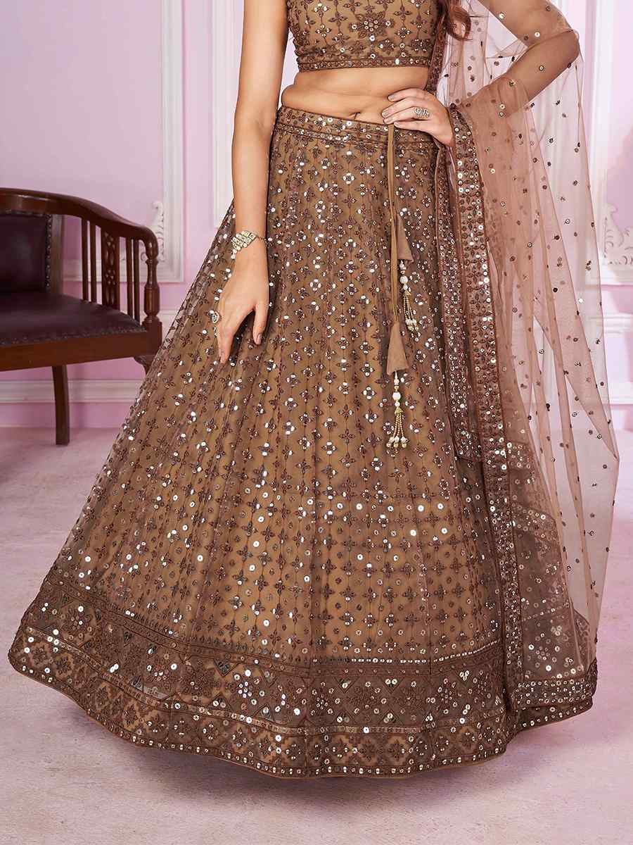 Brown Soft Net Embroidered Festival Wedding Heavy Border Lehenga Choli