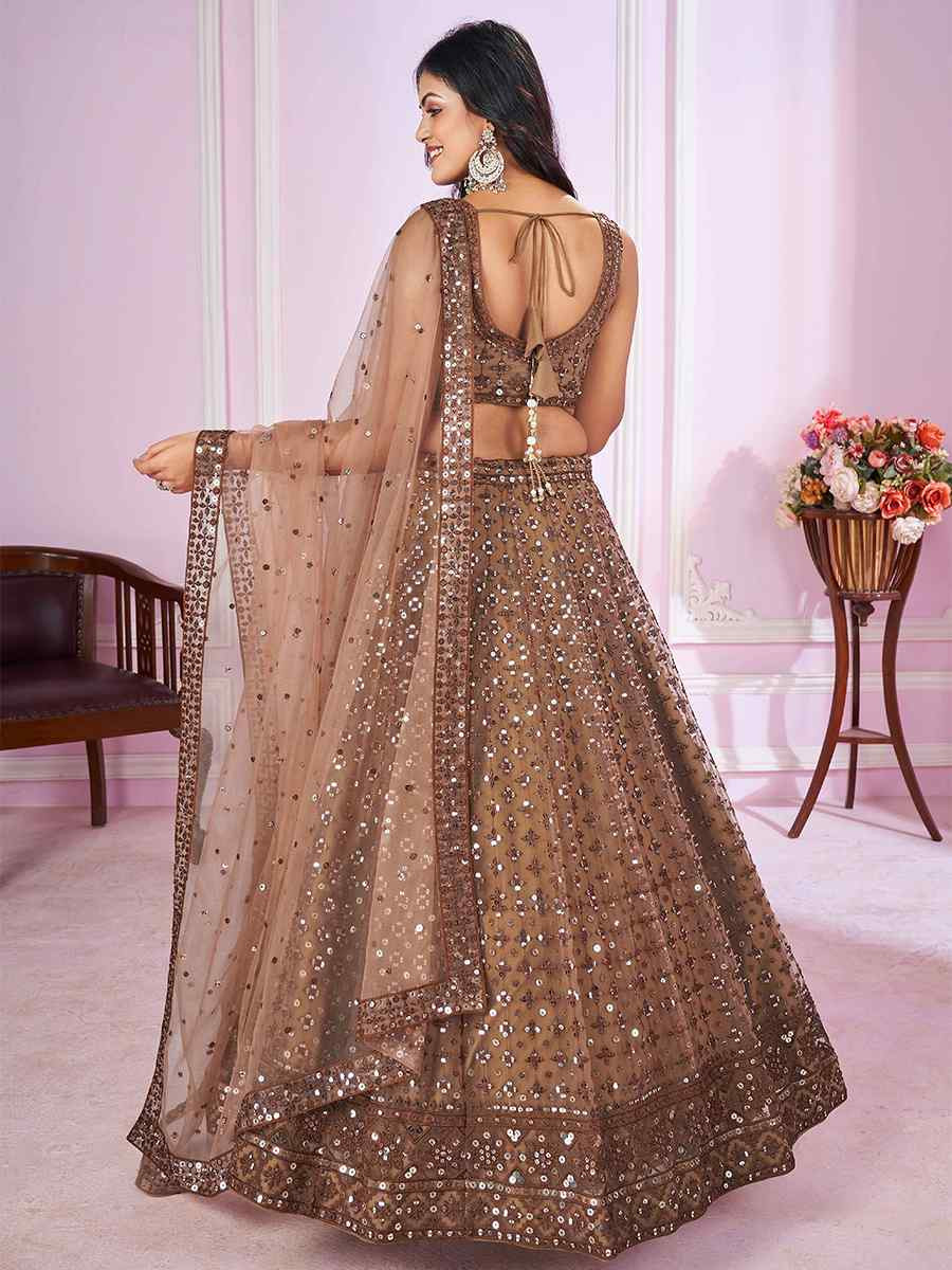 Brown Soft Net Embroidered Festival Wedding Heavy Border Lehenga Choli