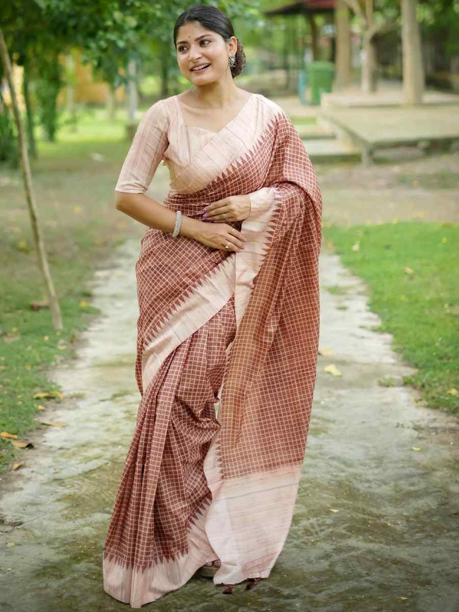 Brown Soft Tussar Silk Handwoven Festival Casual Classic Style Saree