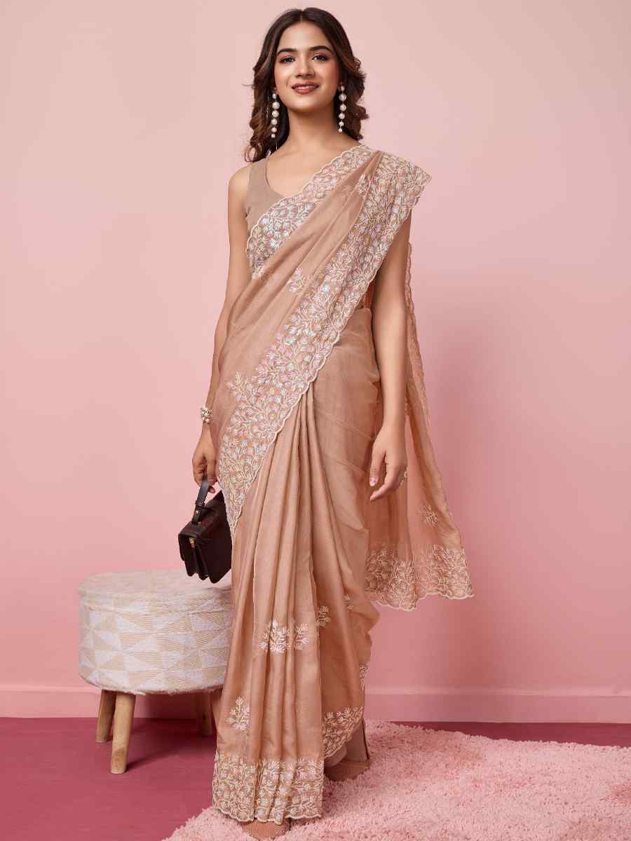 Brown Taby Silk Handwoven Festival Wedding Heavy Border Saree