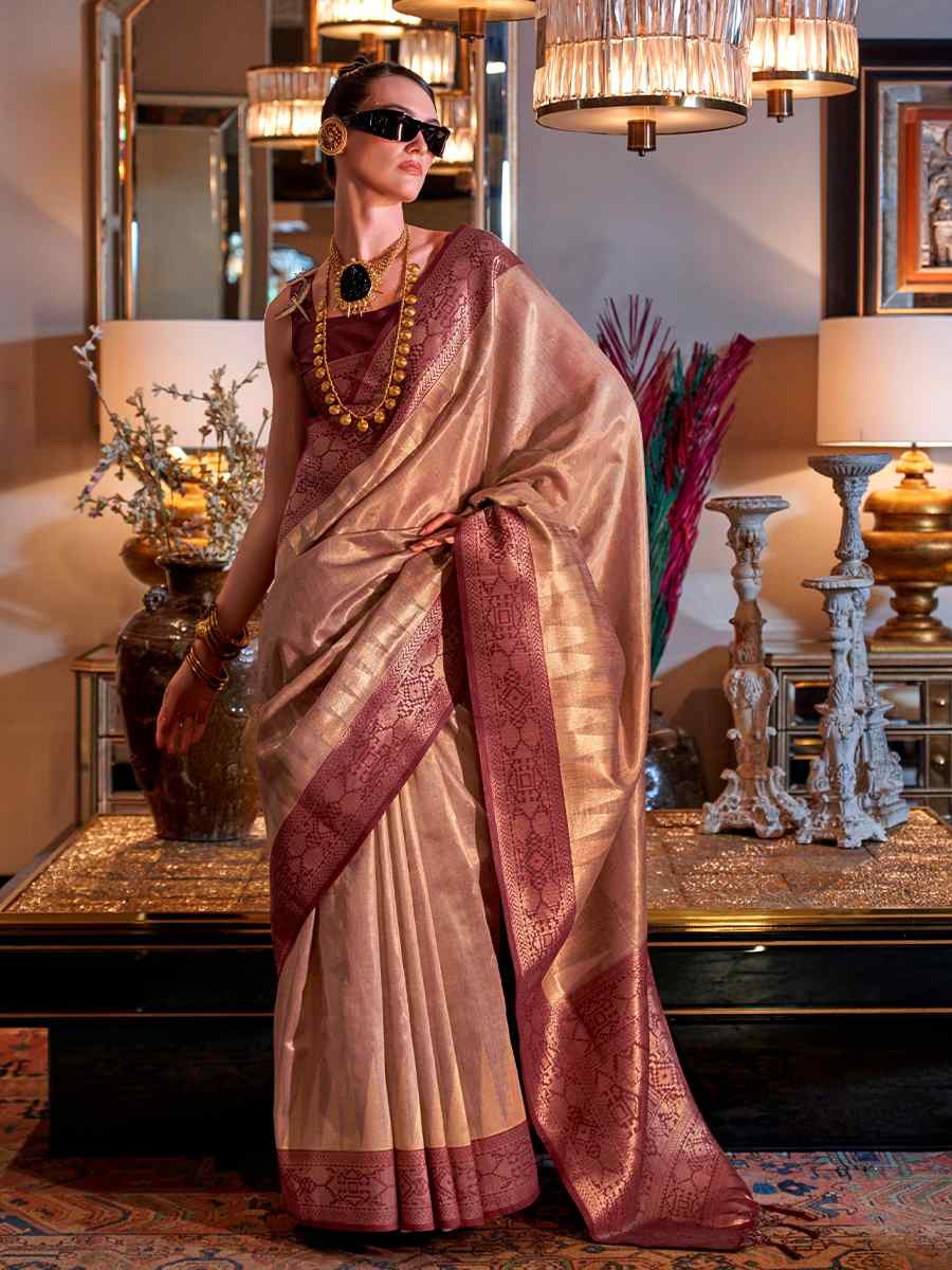 Brown Tissue Handwoven Festival Wedding Heavy Border Saree