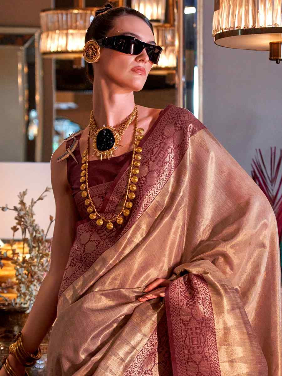 Brown Tissue Handwoven Festival Wedding Heavy Border Saree