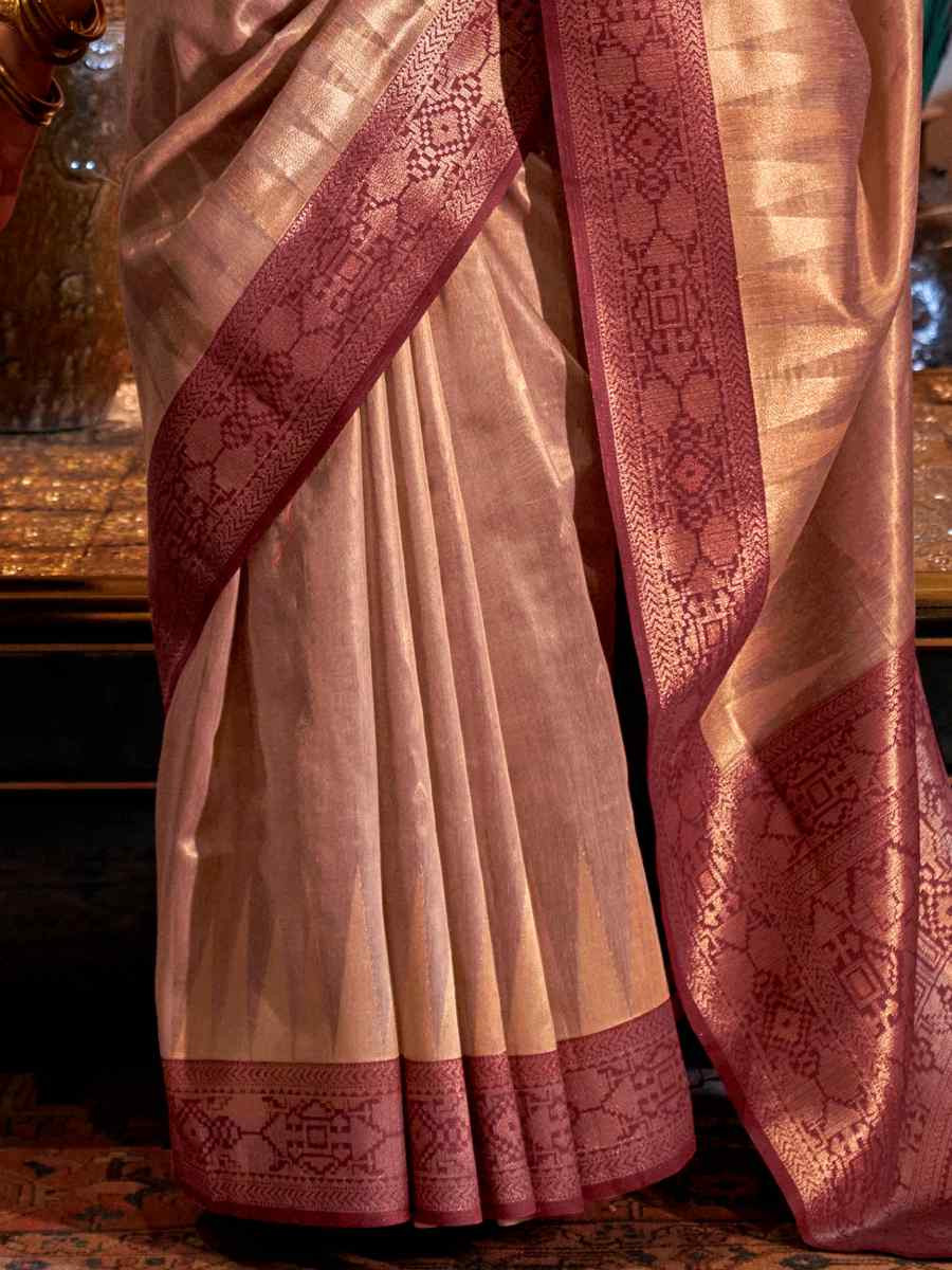 Brown Tissue Handwoven Festival Wedding Heavy Border Saree