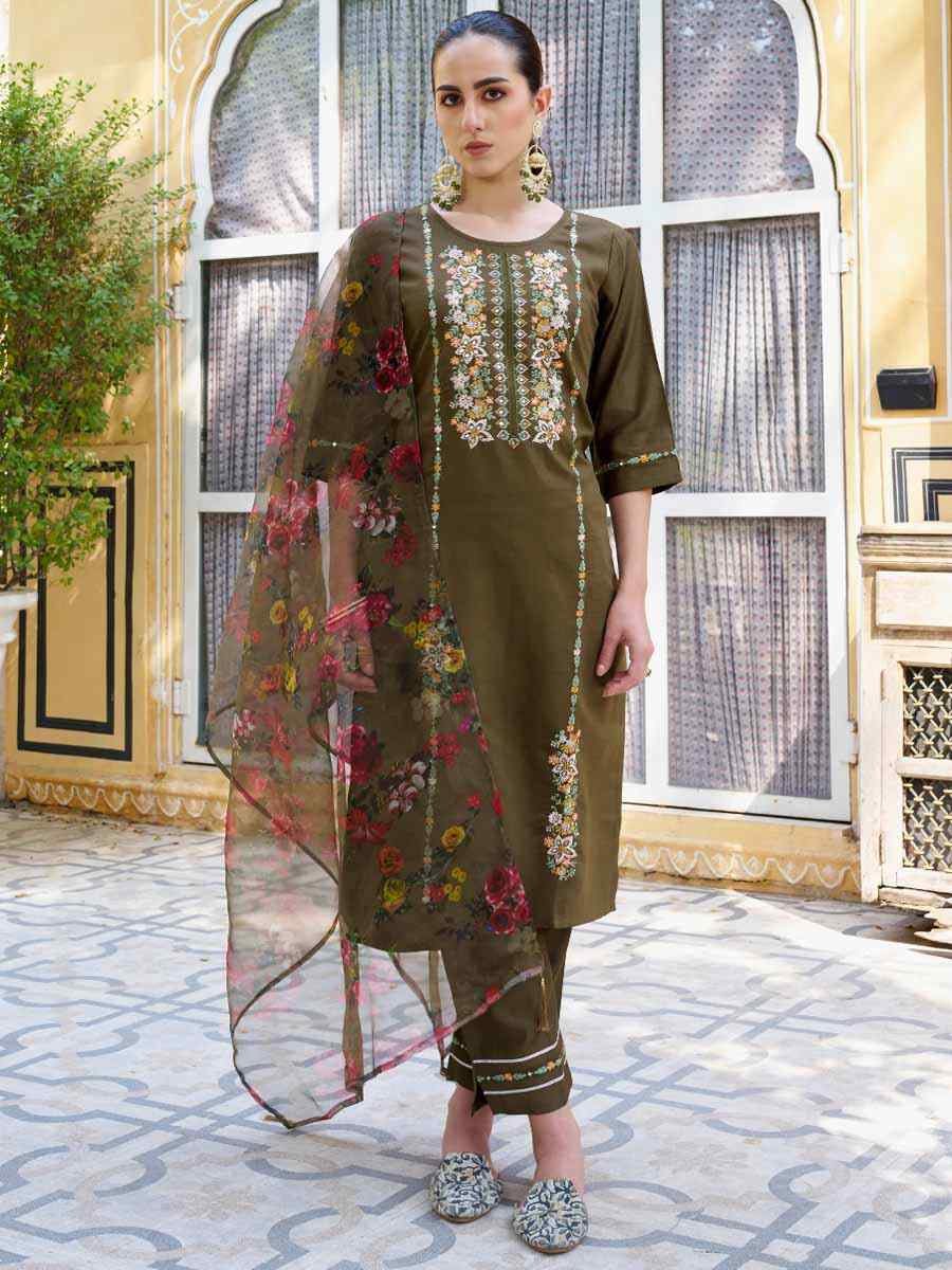 Brown Viscose Rayon Embroidered Festival Mehendi Ready Pant Salwar Kameez