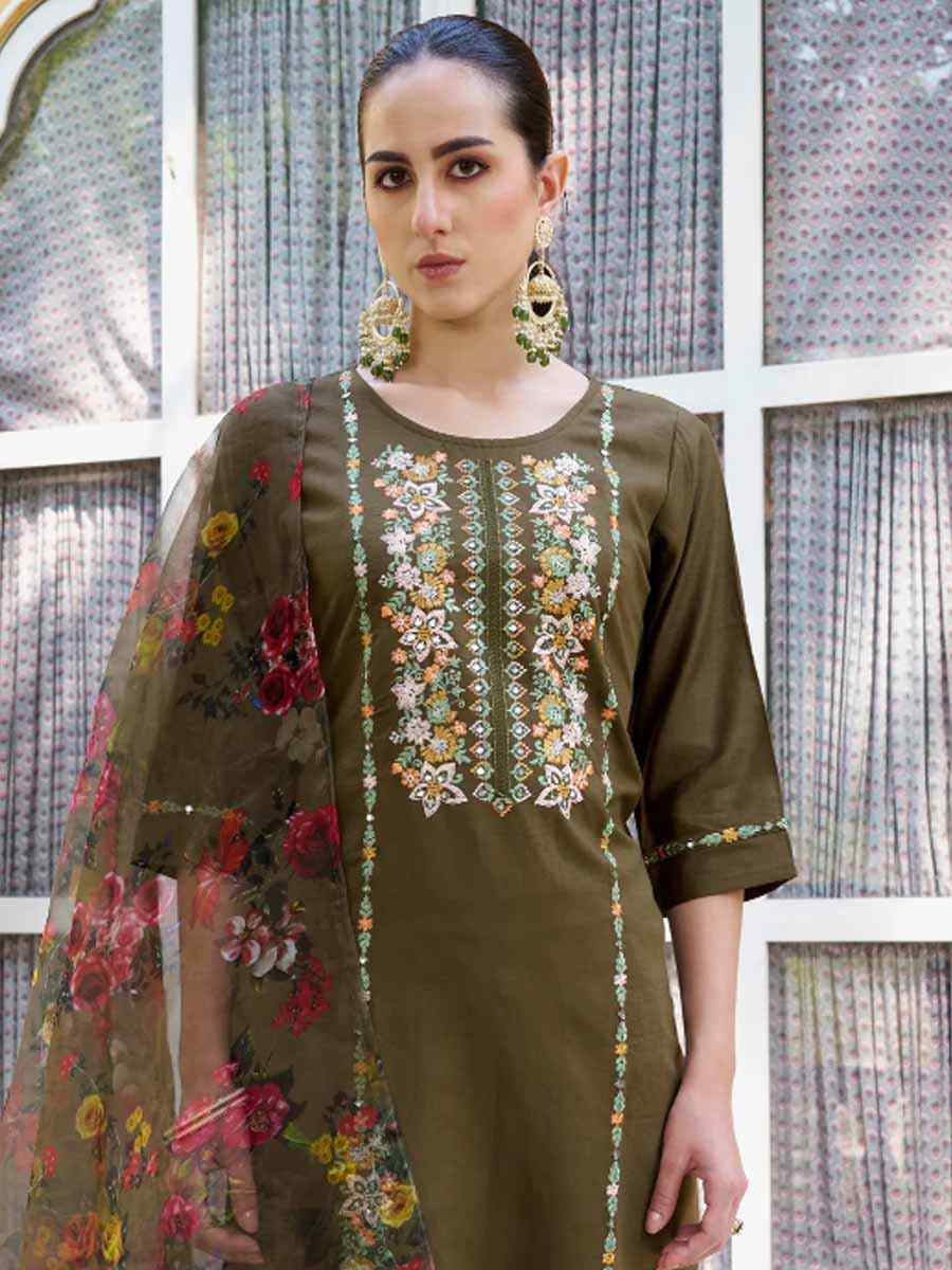 Brown Viscose Rayon Embroidered Festival Mehendi Ready Pant Salwar Kameez