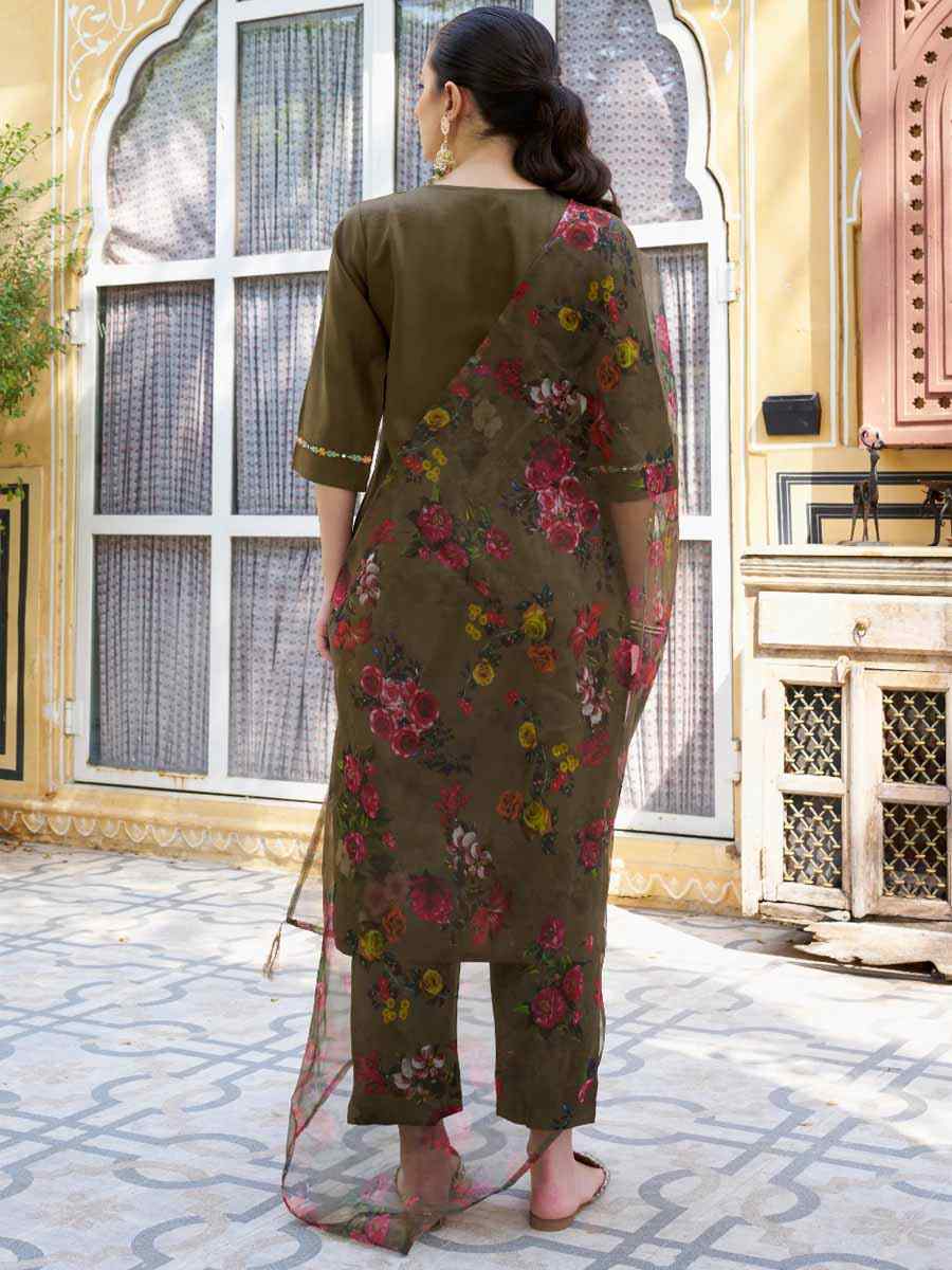 Brown Viscose Rayon Embroidered Festival Mehendi Ready Pant Salwar Kameez