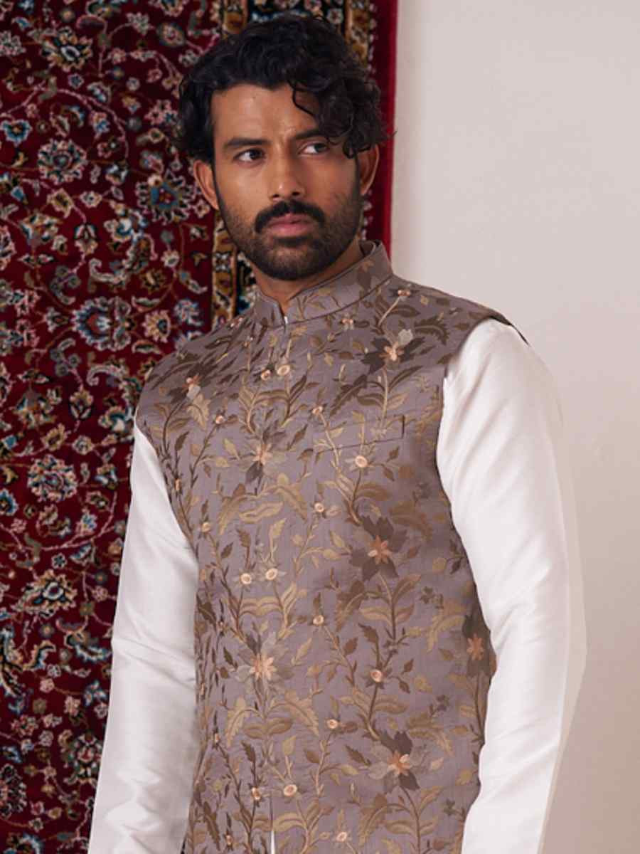 Brownish Coffee Silk Embroidered Party Wedding Kurta