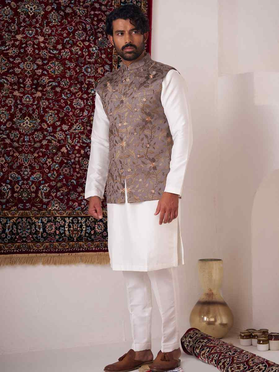 Brownish Coffee Silk Embroidered Party Wedding Kurta