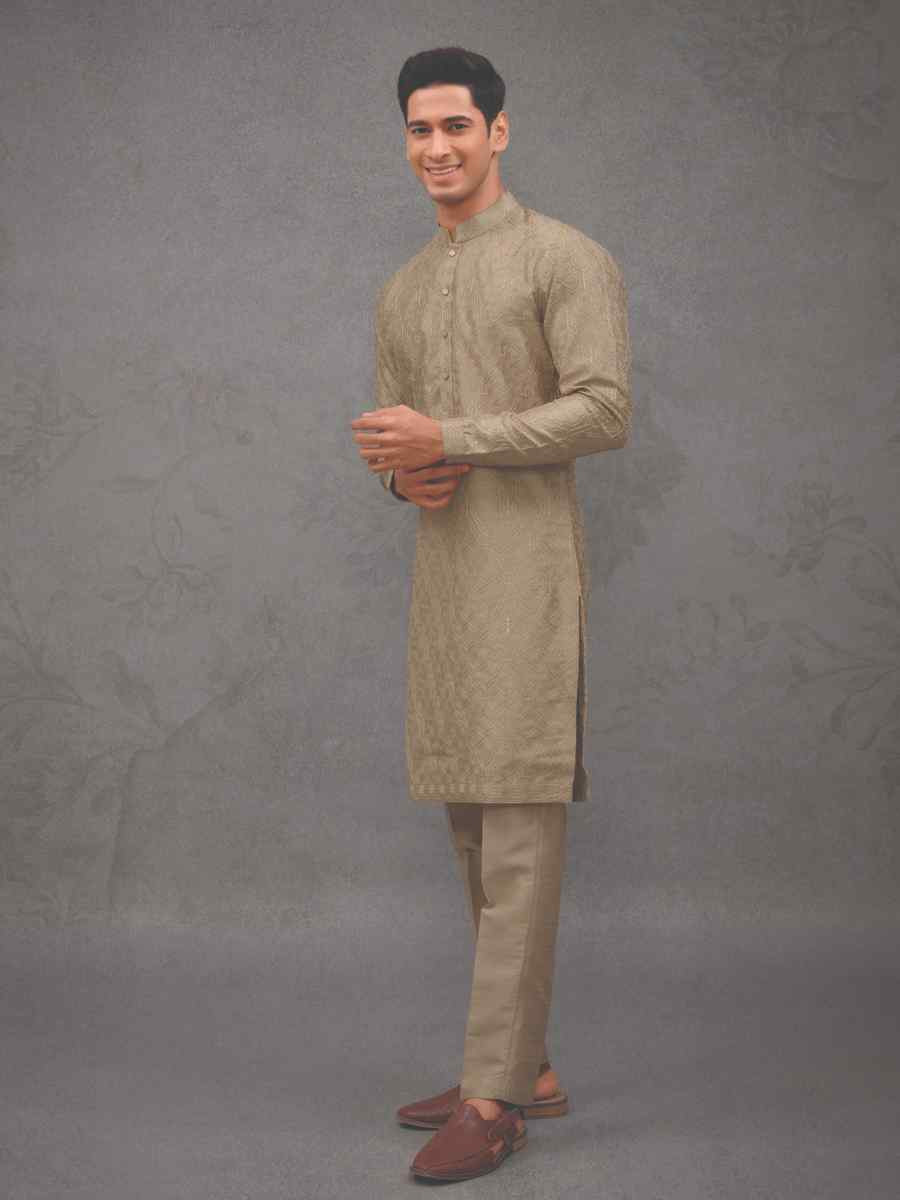 Brownish Gold Silk Woven Party Wedding Kurta