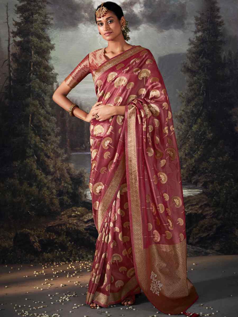 Burgandy Organza Handwoven Festival Wedding Heavy Border Saree