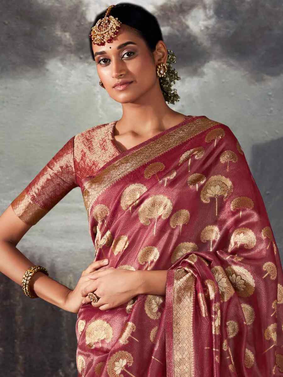 Burgandy Organza Handwoven Festival Wedding Heavy Border Saree