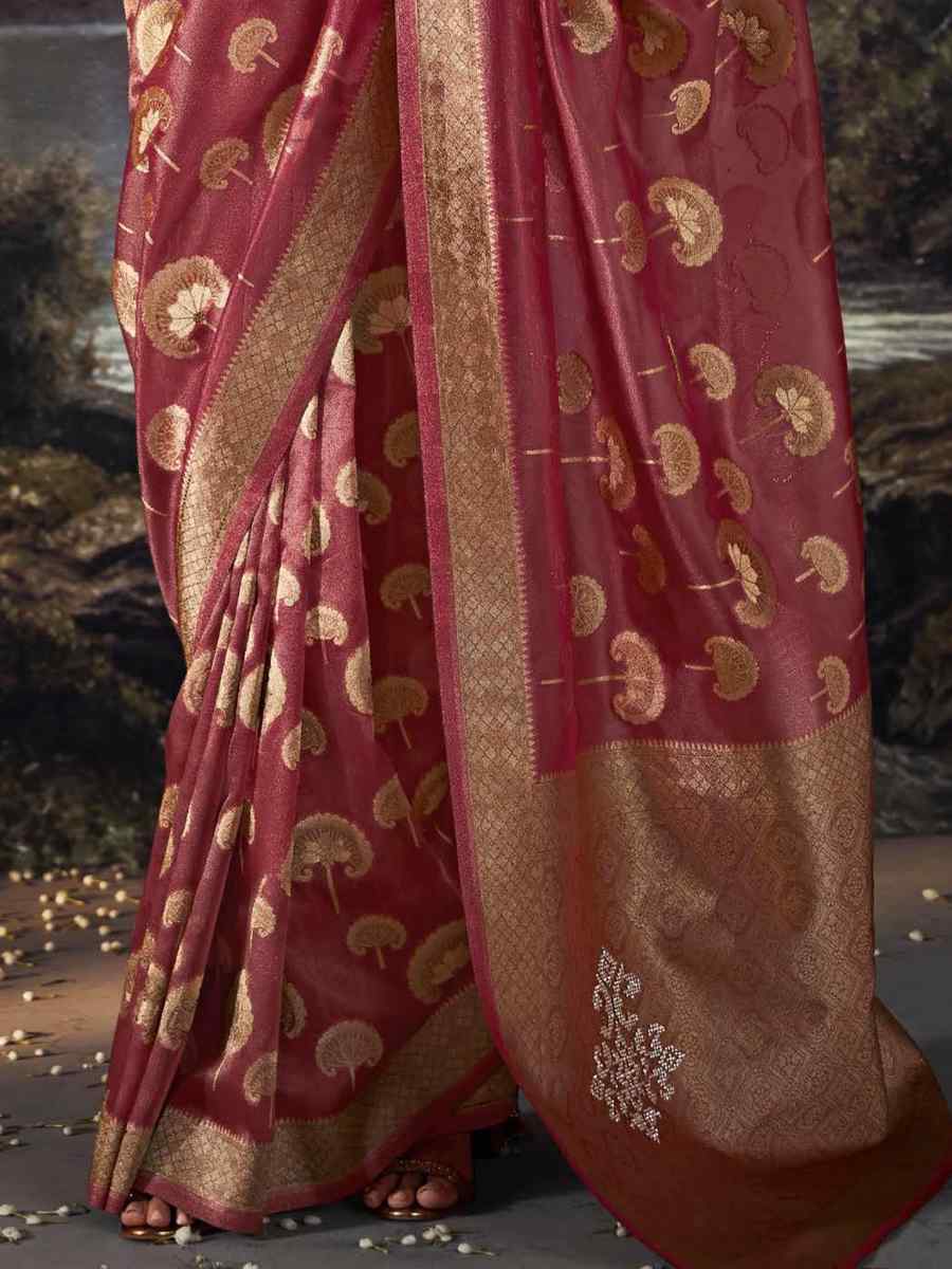 Burgandy Organza Handwoven Festival Wedding Heavy Border Saree