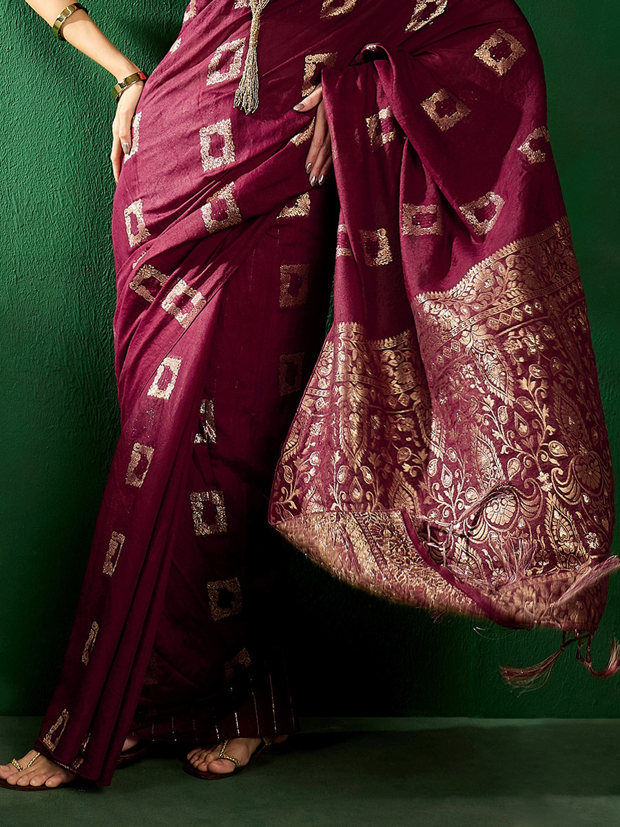 Burgundy Art Silk Handwoven Festival Casual Classic Style Saree