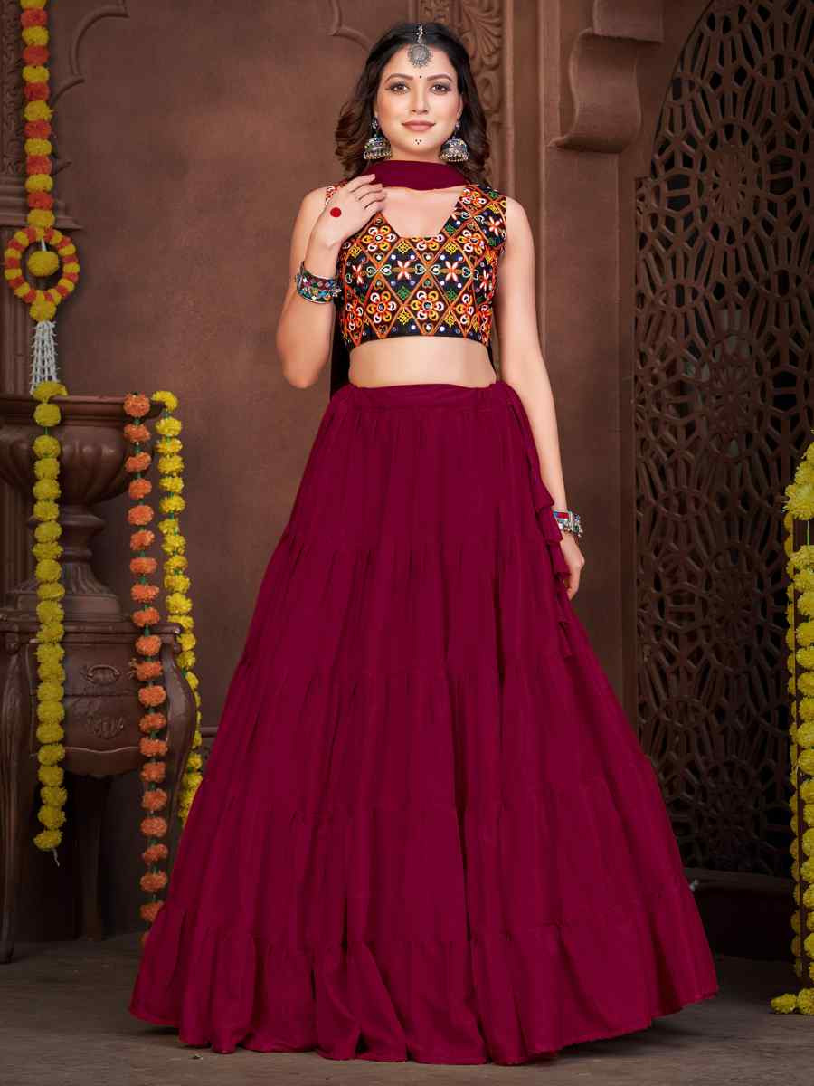 Burgundy Mono Silk Embroidered Festival Mehendi Traditional Lehenga Choli