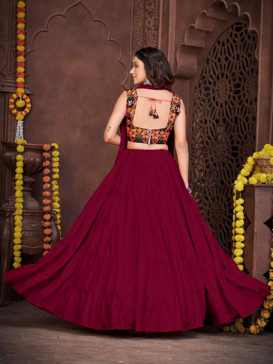 Burgundy Mono Silk Embroidered Festival Mehendi Traditional Lehenga Choli