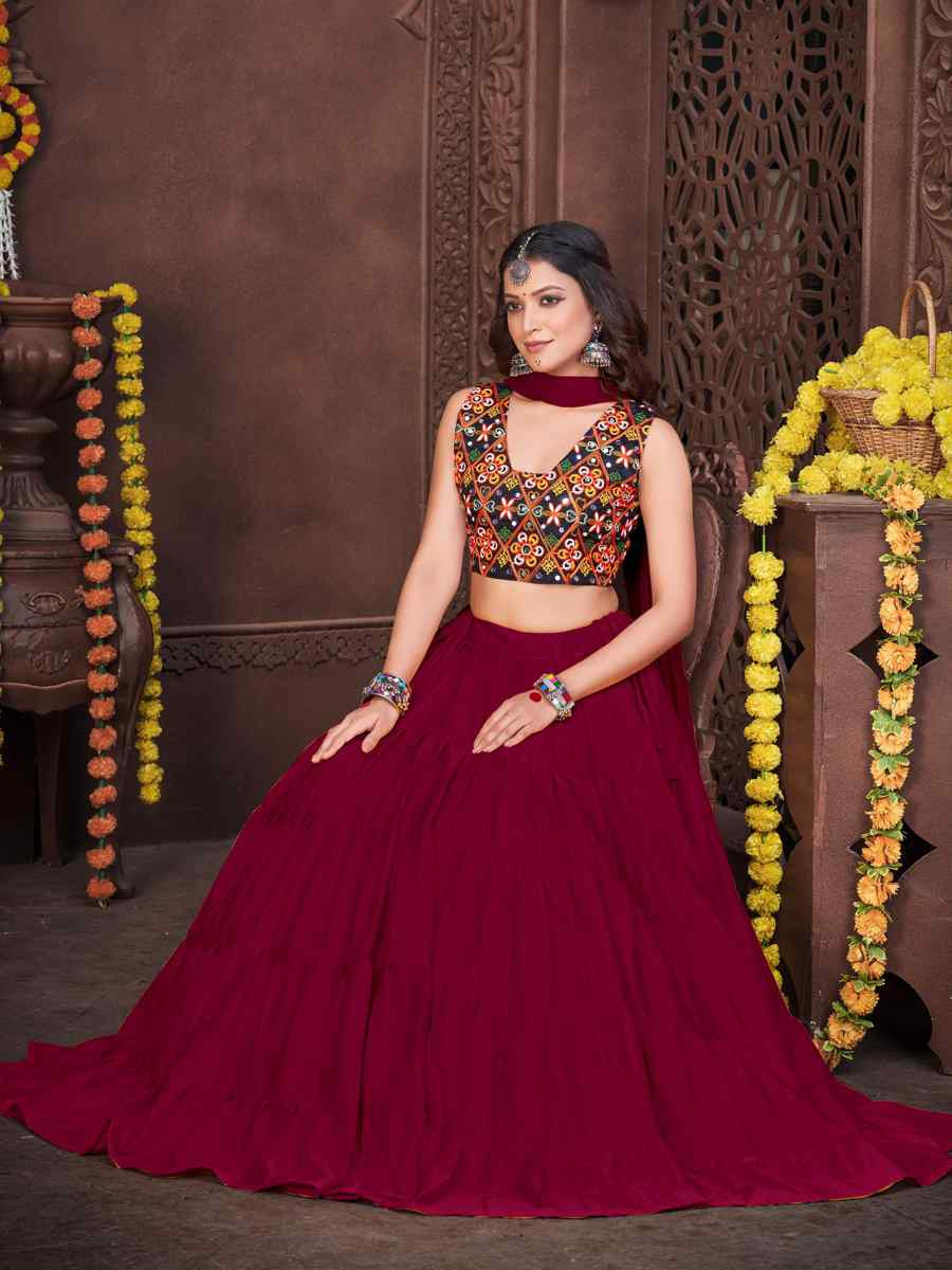 Burgundy Mono Silk Embroidered Festival Mehendi Traditional Lehenga Choli