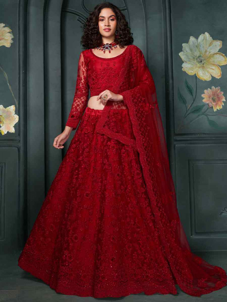 Burgundy Net Embroidered Bridesmaid Wedding Heavy Border Lehenga Choli