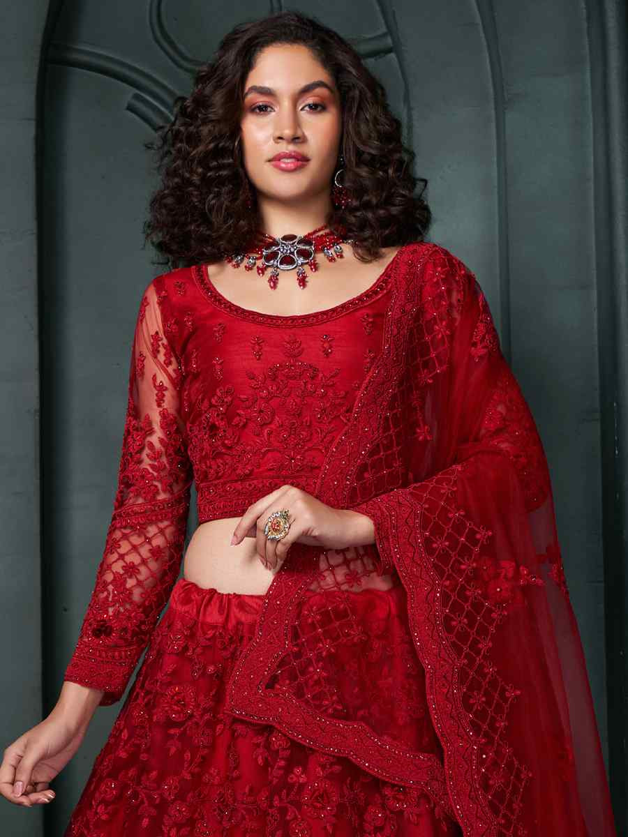 Burgundy Net Embroidered Bridesmaid Wedding Heavy Border Lehenga Choli