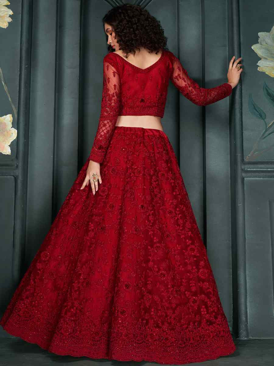 Burgundy Net Embroidered Bridesmaid Wedding Heavy Border Lehenga Choli