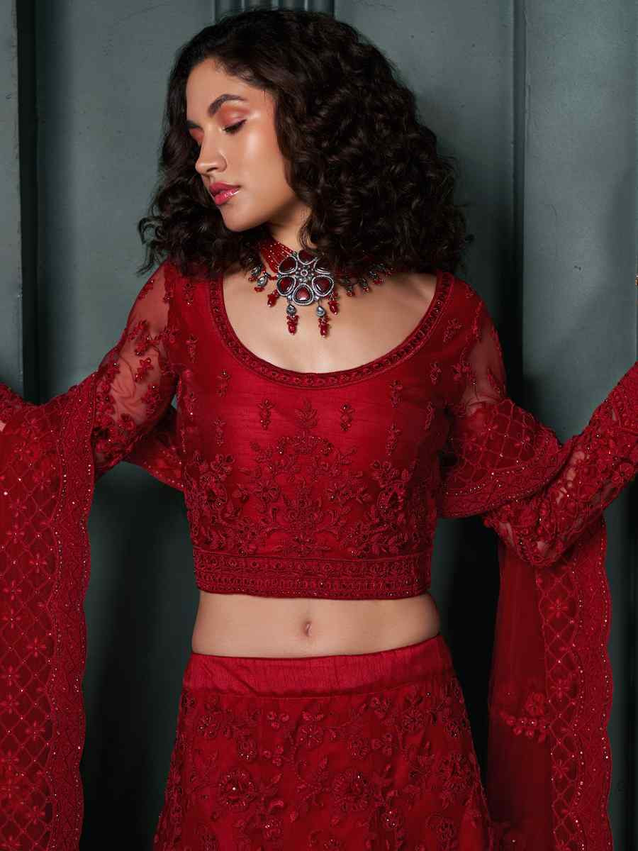 Burgundy Net Embroidered Bridesmaid Wedding Heavy Border Lehenga Choli