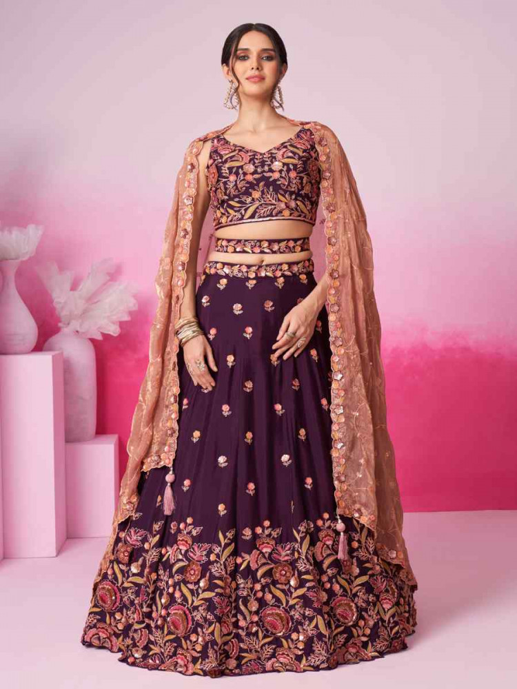 Burgundy Poly Chiffon Embroidered Bridesmaid Wedding Heavy Border Lehenga Choli