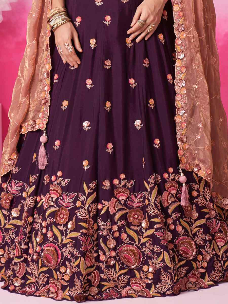 Burgundy Poly Chiffon Embroidered Bridesmaid Wedding Heavy Border Lehenga Choli