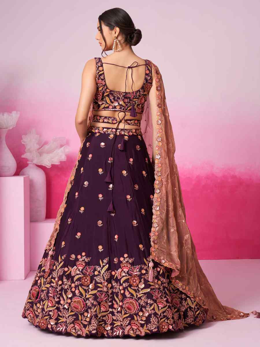 Burgundy Poly Chiffon Embroidered Bridesmaid Wedding Heavy Border Lehenga Choli